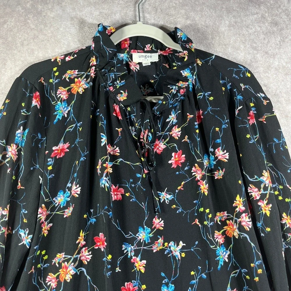 UMGEE Top Womens Large Black Floral Ruffle Tie High Neck Bell Sleeve Boho Hippie - Picture 2 of 9